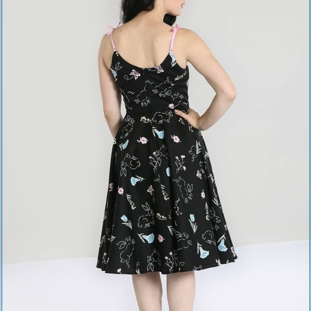 Hell Bunny NWT cotton Black Floral Bunnies Small  Easter dress Pin Up 50s - Picture 4 of 4